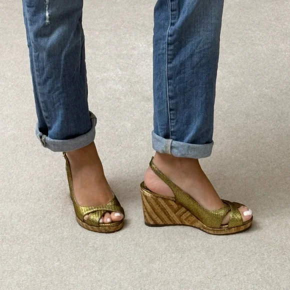 Jimmy Choo Gold Wedge Peep-Toe Sandals - Picture 3 of 6